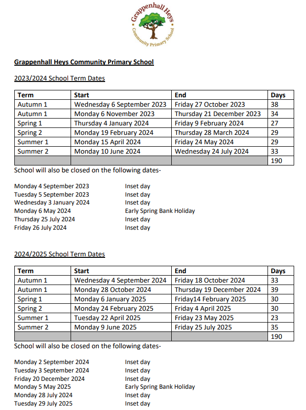 Grappenhall Heys Community Primary School - Term Dates and Opening Hours